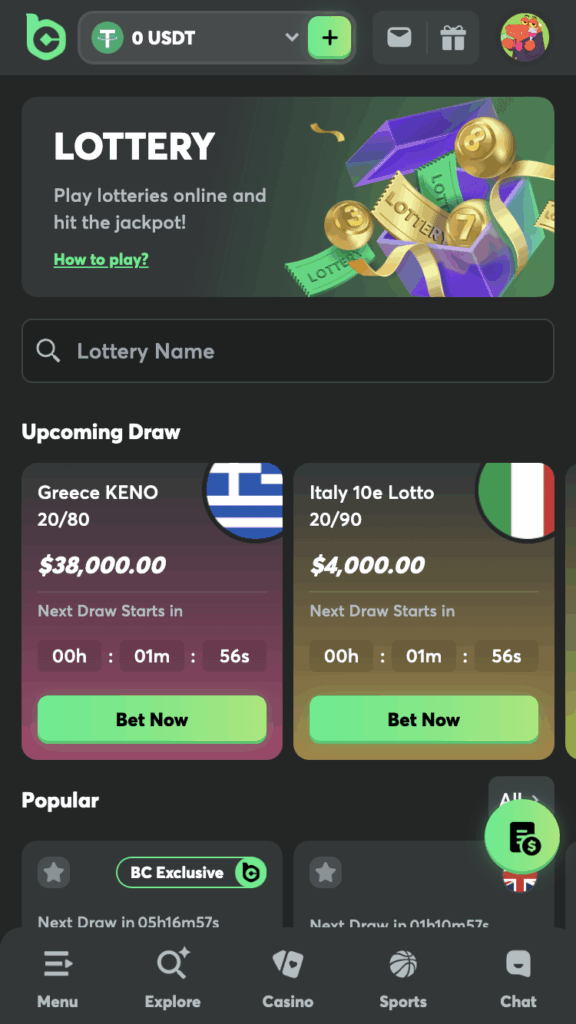 Prechod do sekcie BC Lottery a vyzdvihnutie žrebov
