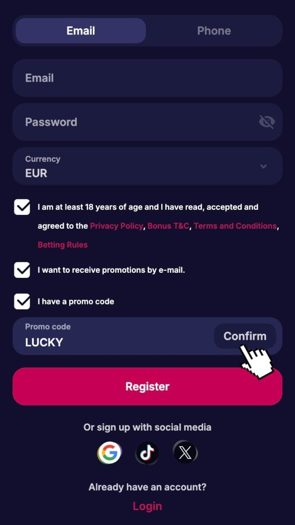 Zadajte NV Casino code